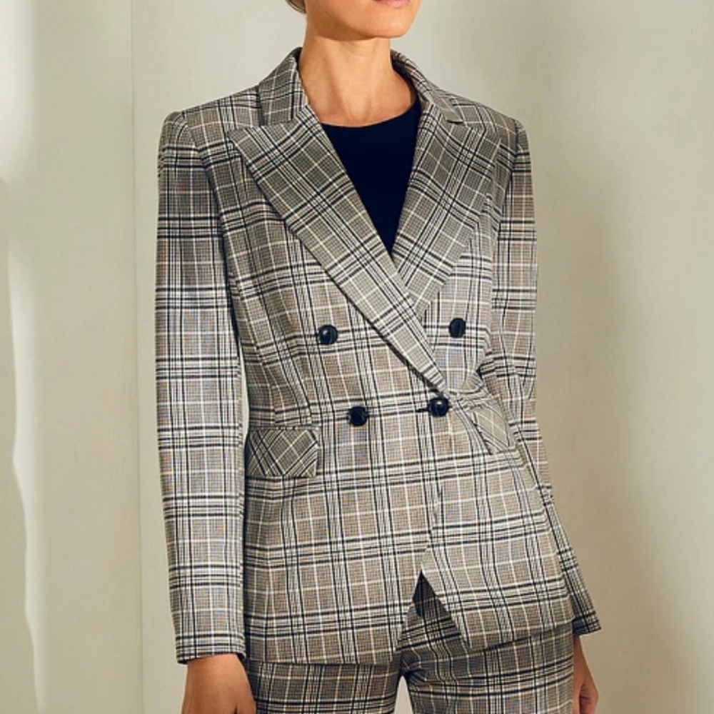 Preston & York Blazer Sz 14 Gray Patsy Navy Plaid Lined Preppy Academia